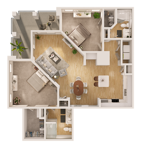 Floor plan for 2 beds, 2 baths, 1303 sqft